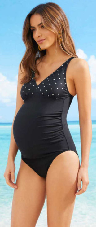 Lacné čierne jednodielne tehotenské plavky s bodkami na podprsenke