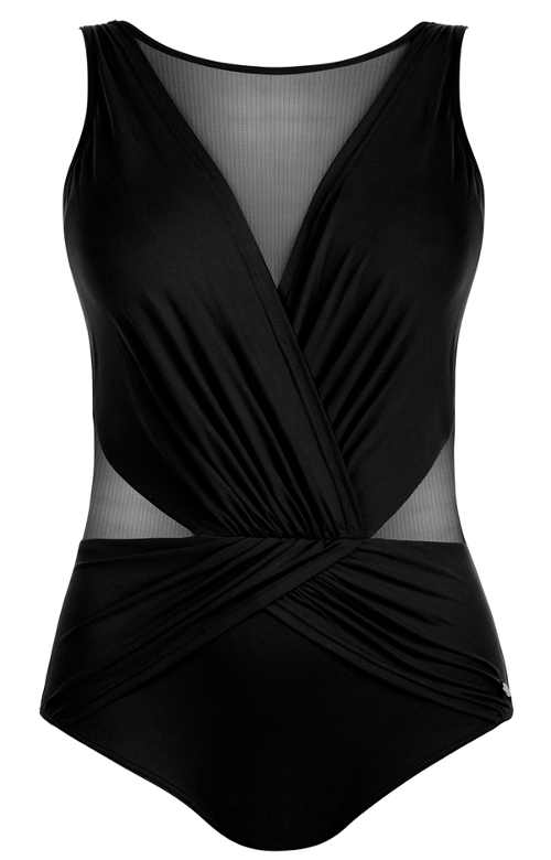 Elegantné čierne dámske jednodielne plavky s nariasenou látkou